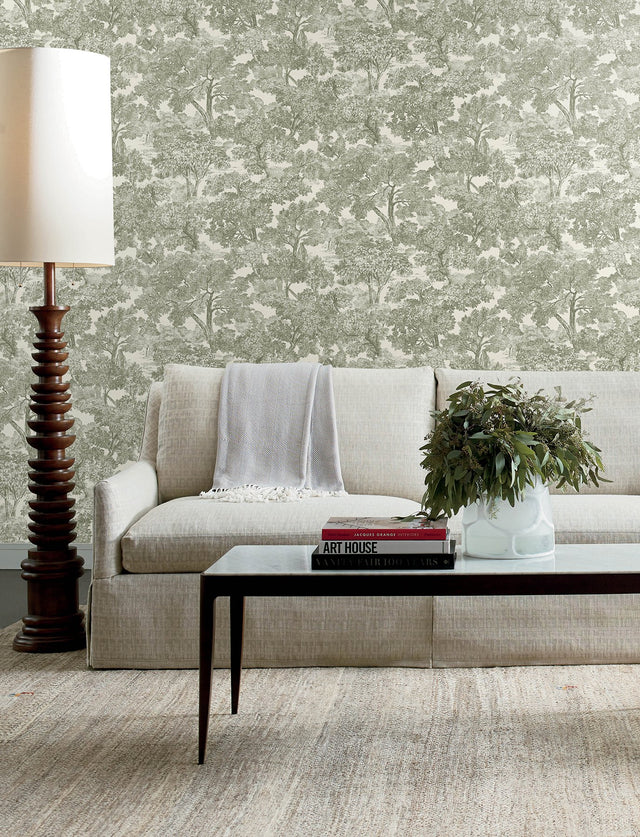 Spinney Green Toile Wallpaper with Traditional Trees Motif - Chesapeake 4134-72561