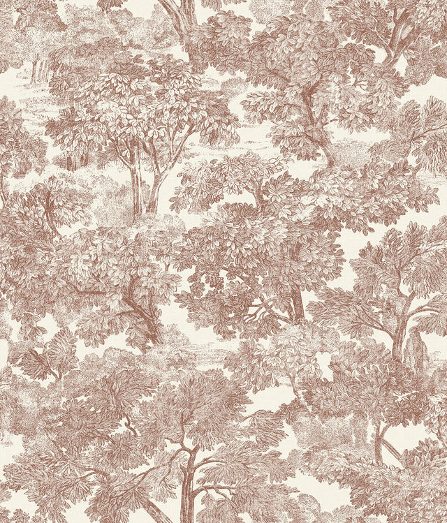 Spinney Red Toile Wallpaper with Traditional Botanical Trees Motif - Chesapeake 4134-72562
