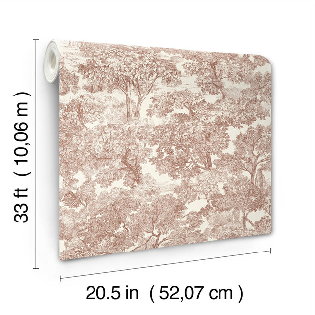 Spinney Red Toile Wallpaper with Traditional Botanical Trees Motif - Chesapeake 4134-72562
