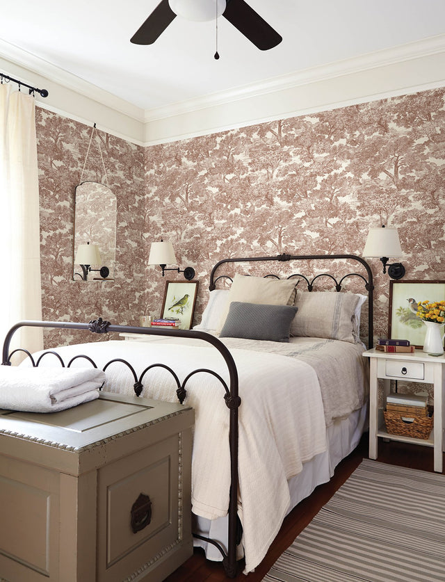 Spinney Red Toile Wallpaper with Traditional Botanical Trees Motif - Chesapeake 4134-72562