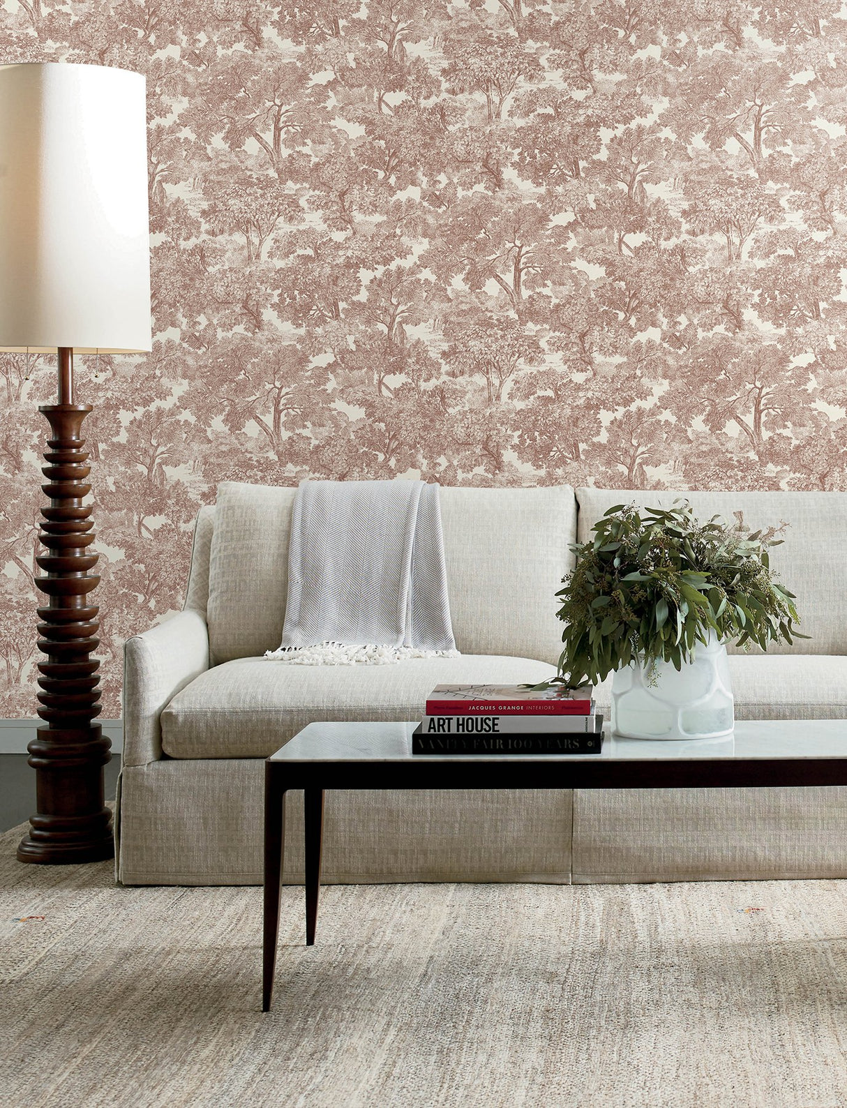 Spinney Red Toile Wallpaper with Traditional Botanical Trees Motif - Chesapeake 4134-72562