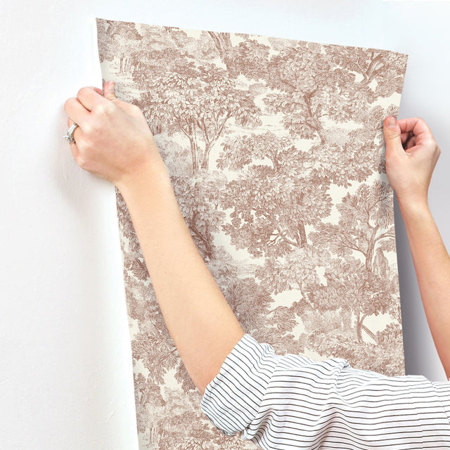 Spinney Red Toile Wallpaper with Traditional Botanical Trees Motif - Chesapeake 4134-72562