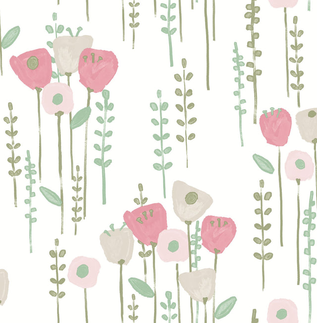 Mabel Pink Floral Field Wallpaper with Whimsical Botanical Flowers - A-Street Prints 4135-27275