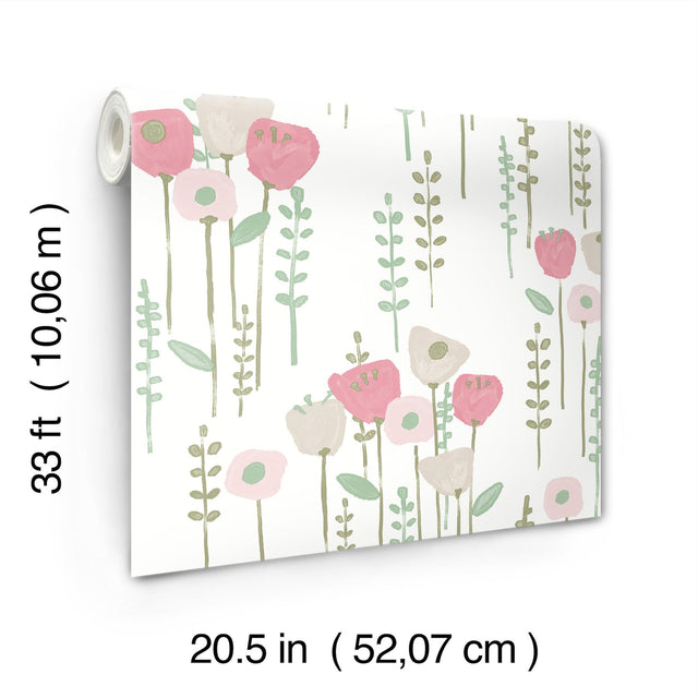 Mabel Pink Floral Field Wallpaper with Whimsical Botanical Flowers - A-Street Prints 4135-27275