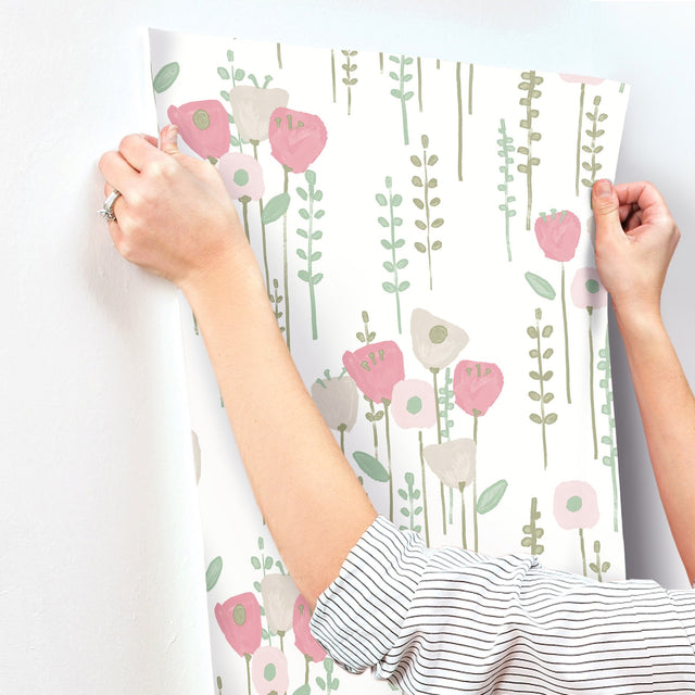 Mabel Pink Floral Field Wallpaper with Whimsical Botanical Flowers - A-Street Prints 4135-27275