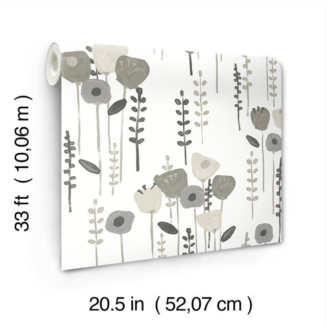 Mabel Grey Floral Field Wallpaper with Whimsical Botanical Flower Pattern - A-Street Prints 4135-27277
