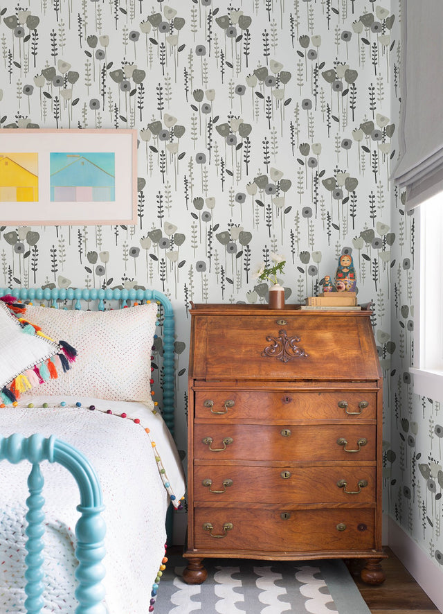 Mabel Grey Floral Field Wallpaper with Whimsical Botanical Flower Pattern - A-Street Prints 4135-27277