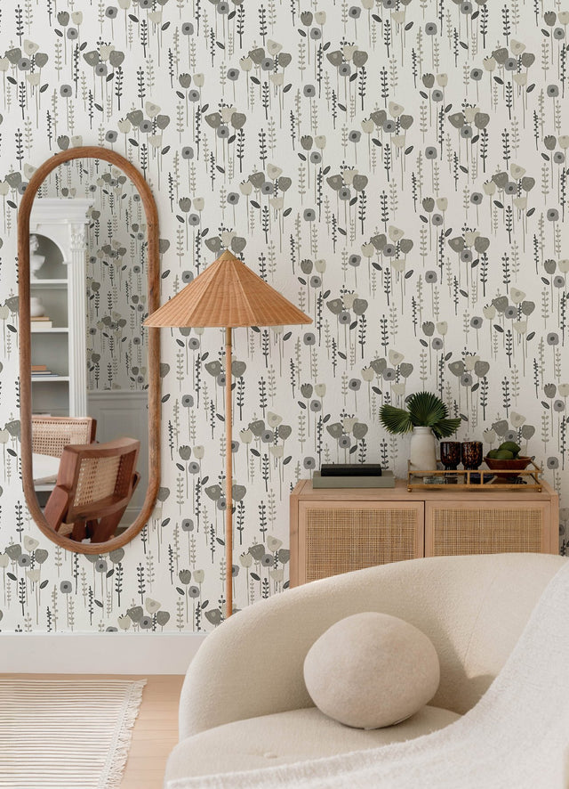 Mabel Grey Floral Field Wallpaper with Whimsical Botanical Flower Pattern - A-Street Prints 4135-27277