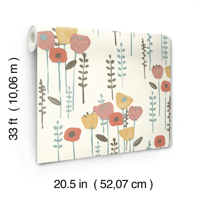 Mabel Coral Floral Field Wallpaper with Whimsical Botanical Flowers - A-Street Prints 4135-27278