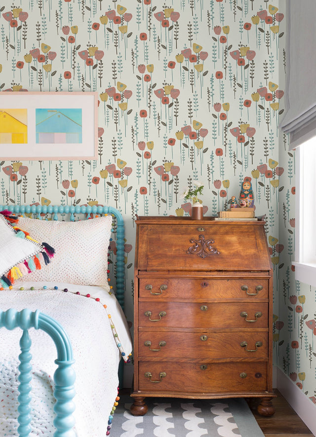 Mabel Coral Floral Field Wallpaper with Whimsical Botanical Flowers - A-Street Prints 4135-27278