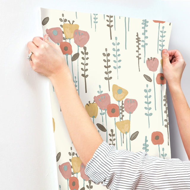 Mabel Coral Floral Field Wallpaper with Whimsical Botanical Flowers - A-Street Prints 4135-27278