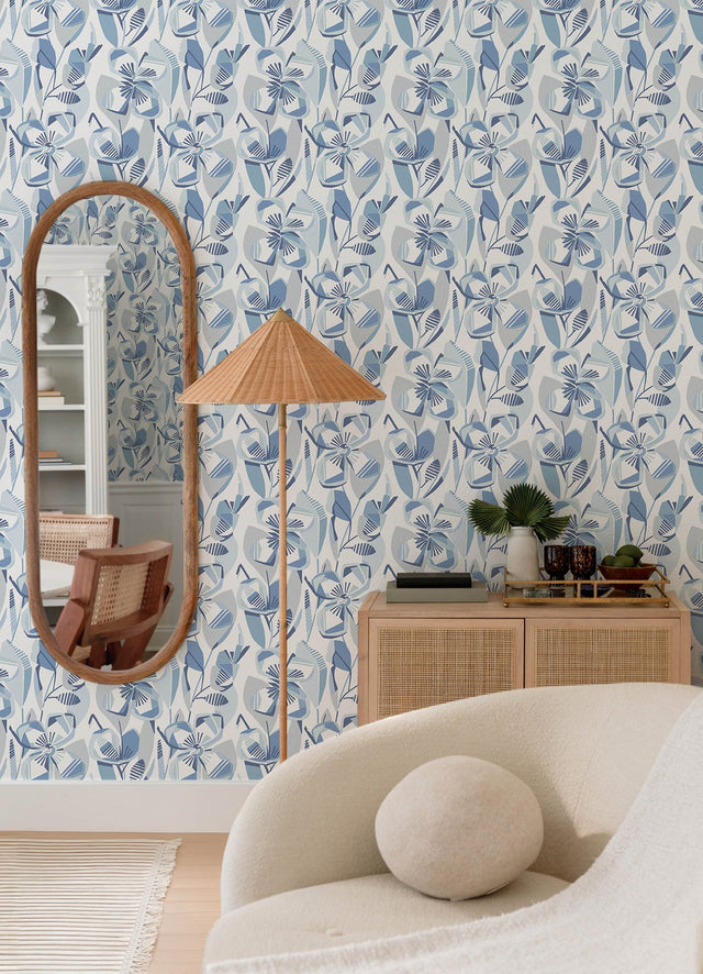 Nathalie Blue Abstract Blooms Wallpaper with Modern Botanical Floral Pattern, Raised Ink Texture - A-Street Prints 4135-27281