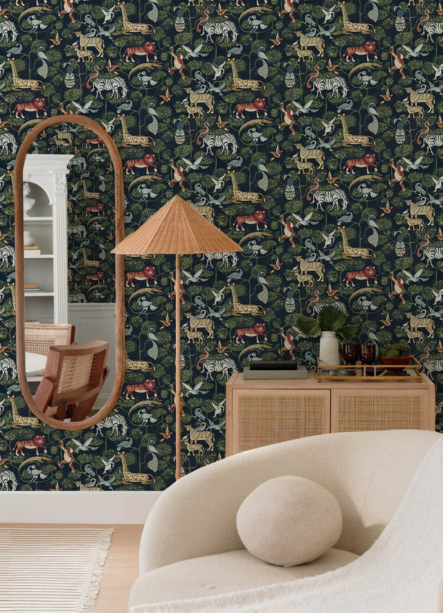 Rigby Navy Jungle Animals Wallpaper with Whimsical Animal Pattern - A-Street Prints 4135-27285