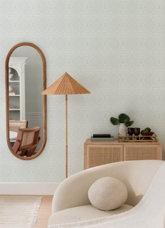 Ernest Turquoise Quilted Quatrefoil Wallpaper with Modern Graphic Quatrefoil Pattern - Brewster 4135-27288