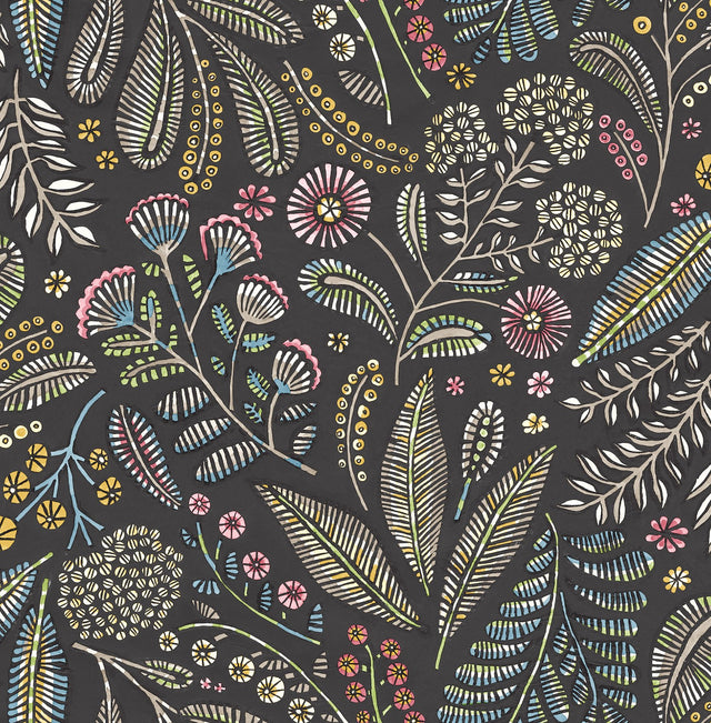 Briar Charcoal Floral Wallpaper with Bohemian Botanical Motif - A-Street Prints 4135-27294
