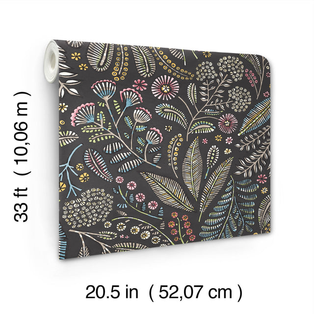Briar Charcoal Floral Wallpaper with Bohemian Botanical Motif - A-Street Prints 4135-27294