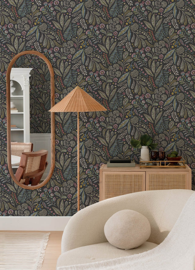 Briar Charcoal Floral Wallpaper with Bohemian Botanical Motif - A-Street Prints 4135-27294