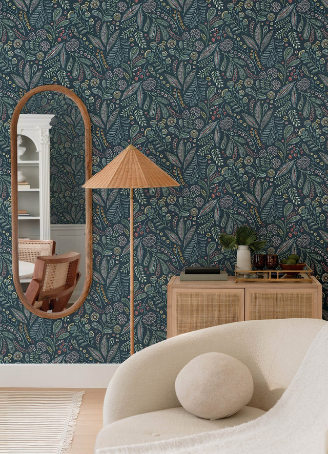 Briar Teal Floral Wallpaper with Botanical Bohemian Motif - A-Street Prints 4135-27295