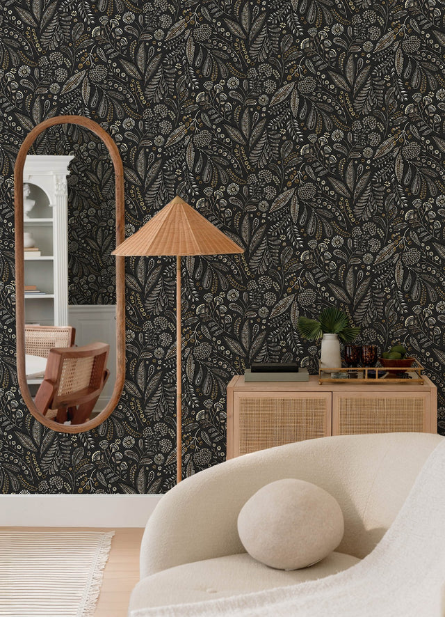 Briar Black Floral Wallpaper with Bohemian Botanical Motif - A-Street Prints 4135-27296