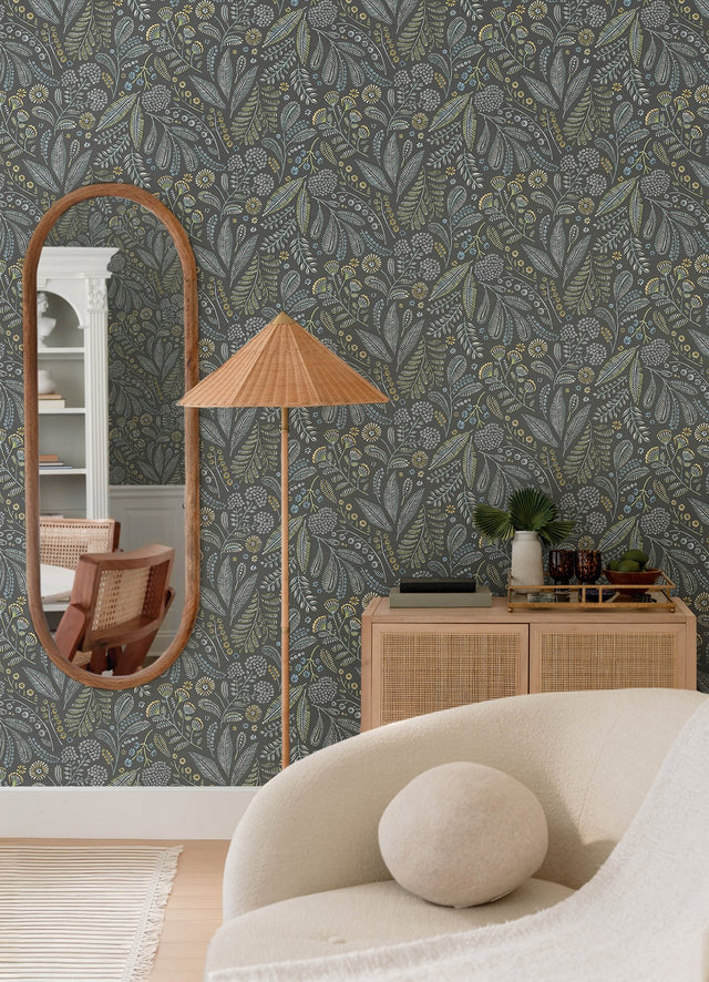 Briar Grey Floral Wallpaper with Bohemian Botanical Motif - A-Street Prints 4135-27297