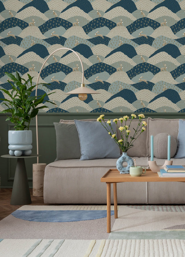 Peter Blue Rabbit Fields Wallpaper with Whimsical Animal Patchwork Motif - Brewster 4135-27300