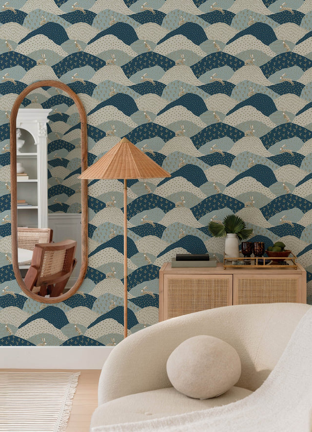 Peter Blue Rabbit Fields Wallpaper with Whimsical Animal Patchwork Motif - Brewster 4135-27300