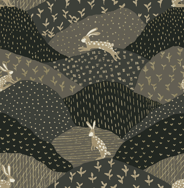 Peter Black Rabbit Fields Wallpaper with Metallic Whimsical Animal Pattern - A-Street Prints 4135-27301