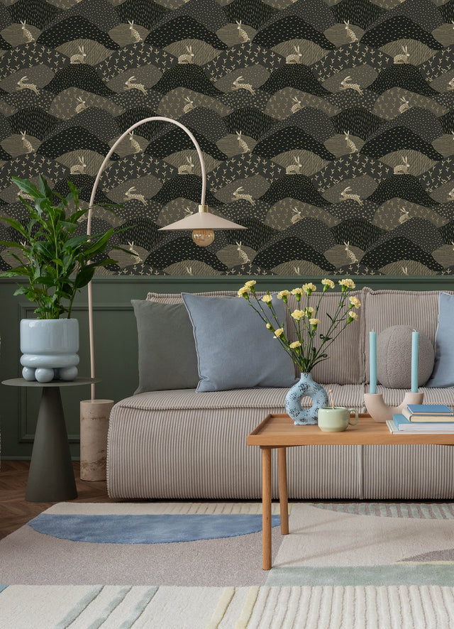 Peter Black Rabbit Fields Wallpaper with Metallic Whimsical Animal Pattern - A-Street Prints 4135-27301