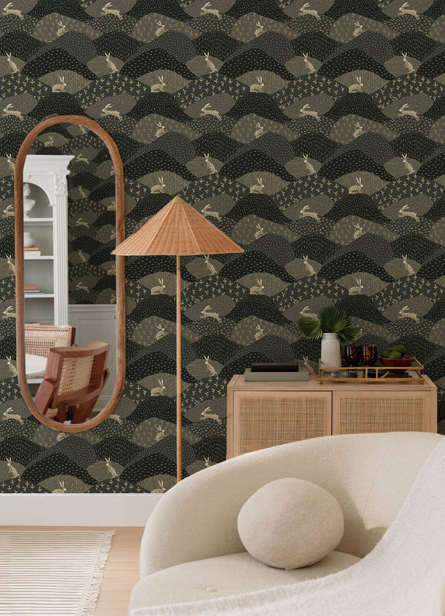 Peter Black Rabbit Fields Wallpaper with Metallic Whimsical Animal Pattern - A-Street Prints 4135-27301