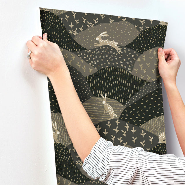 Peter Black Rabbit Fields Wallpaper with Metallic Whimsical Animal Pattern - A-Street Prints 4135-27301
