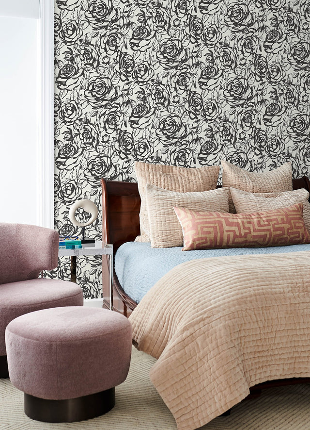Nelda Black Rose Wallpaper with Modern Botanical Rose Pattern - A-Street Prints 4135-72707