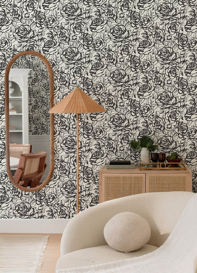 Nelda Black Rose Wallpaper with Modern Botanical Rose Pattern - A-Street Prints 4135-72707