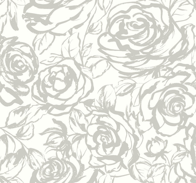 Nelda Silver Rose Wallpaper with Modern Botanical Rose Pattern - Brewster 4135-72709