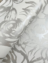 Nelda Silver Rose Wallpaper with Modern Botanical Rose Pattern - Brewster 4135-72709