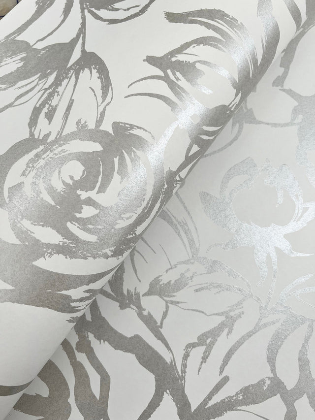 Nelda Silver Rose Wallpaper with Modern Botanical Rose Pattern - Brewster 4135-72709