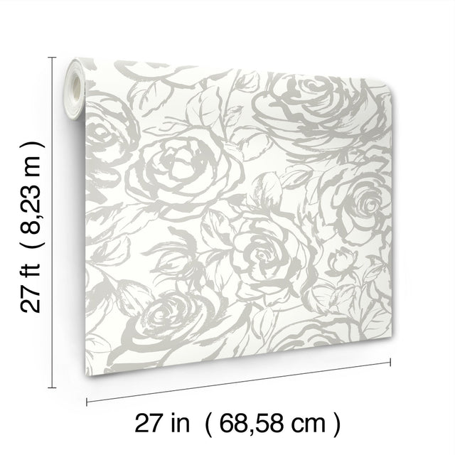 Nelda Silver Rose Wallpaper with Modern Botanical Rose Pattern - Brewster 4135-72709