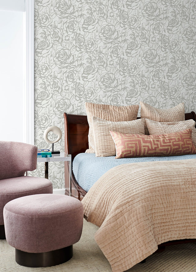 Nelda Silver Rose Wallpaper with Modern Botanical Rose Pattern - Brewster 4135-72709