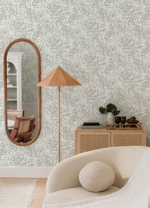 Nelda Silver Rose Wallpaper with Modern Botanical Rose Pattern - Brewster 4135-72709