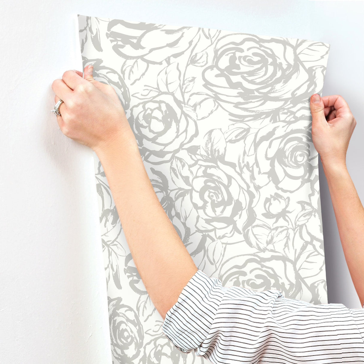 Nelda Silver Rose Wallpaper with Modern Botanical Rose Pattern - Brewster 4135-72709