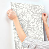 Nelda Silver Rose Wallpaper with Modern Botanical Rose Pattern - Brewster 4135-72709