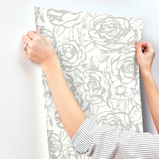 Nelda Silver Rose Wallpaper with Modern Botanical Rose Pattern - Brewster 4135-72709