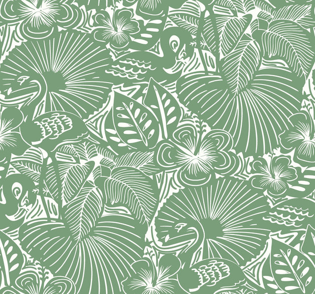 Idalia Green Floral Flamingo Wallpaper with Tropical Animals Motif - A-Street Prints 4135-72714