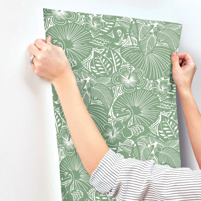 Idalia Green Floral Flamingo Wallpaper with Tropical Animals Motif - A-Street Prints 4135-72714