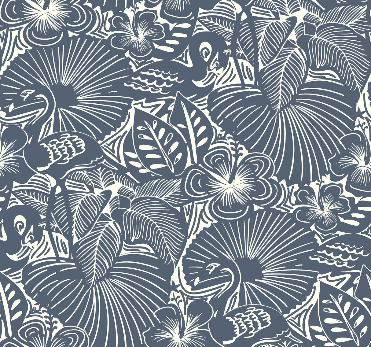 Idalia Navy Floral Flamingo Wallpaper with Tropical Animals Pattern - Brewster 4135-72716
