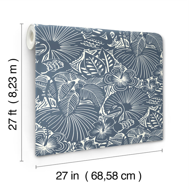 Idalia Navy Floral Flamingo Wallpaper with Tropical Animals Pattern - Brewster 4135-72716