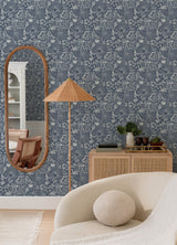 Idalia Navy Floral Flamingo Wallpaper with Tropical Animals Pattern - Brewster 4135-72716