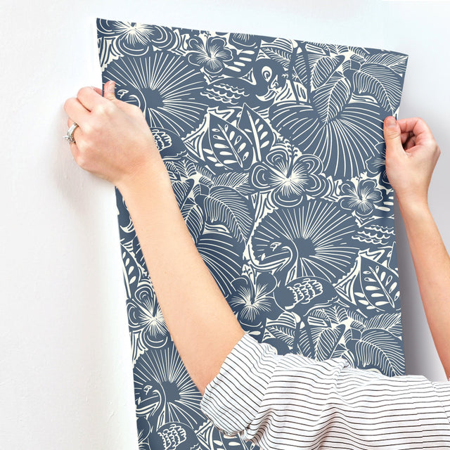 Idalia Navy Floral Flamingo Wallpaper with Tropical Animals Pattern - Brewster 4135-72716