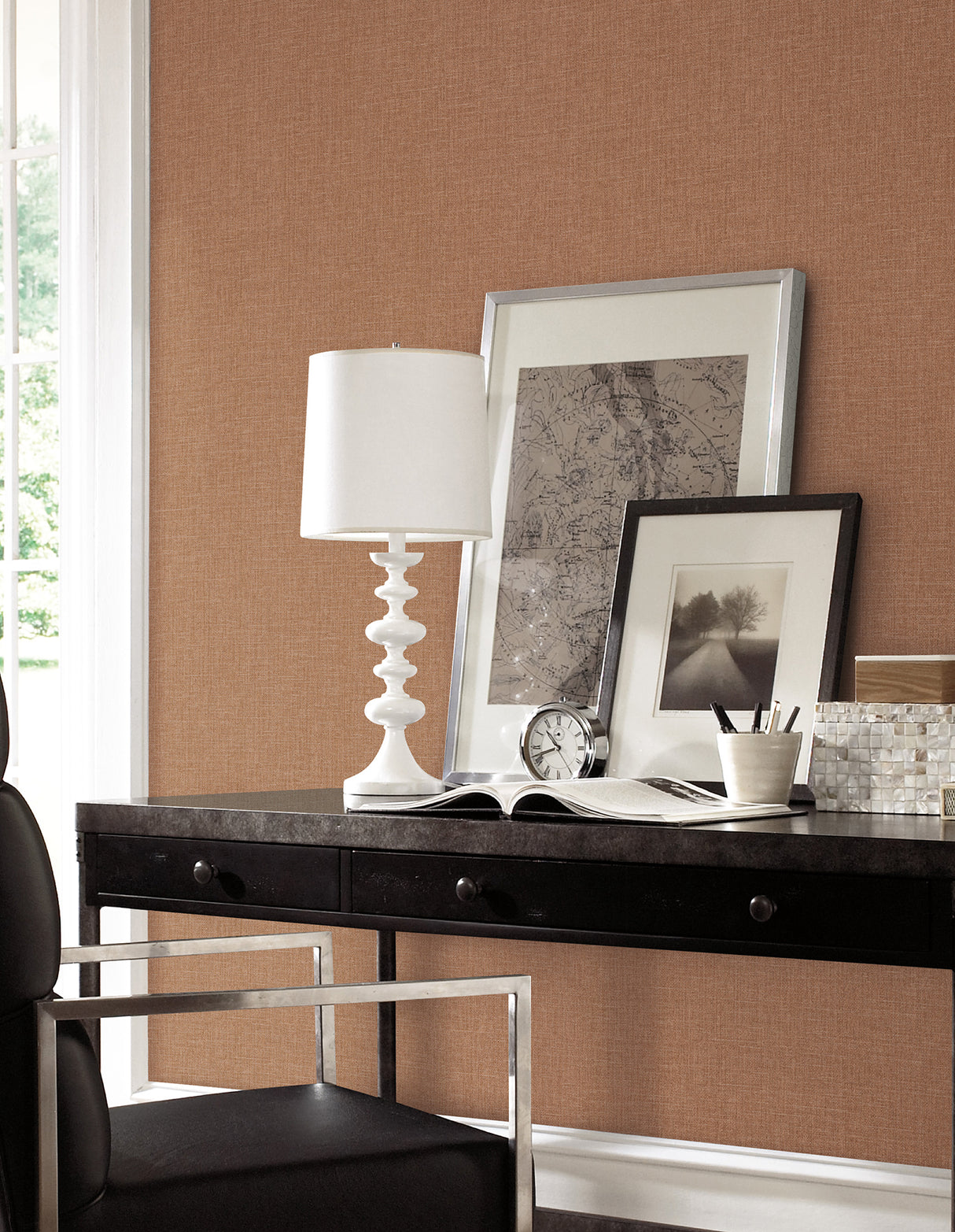 Broadwick Rust by Warner Faux Linen Unpasted Fabric Backed Vinyl Scrubbable Strippable Metallic Raised Ink Textured Wallpaper - YKGW2199N