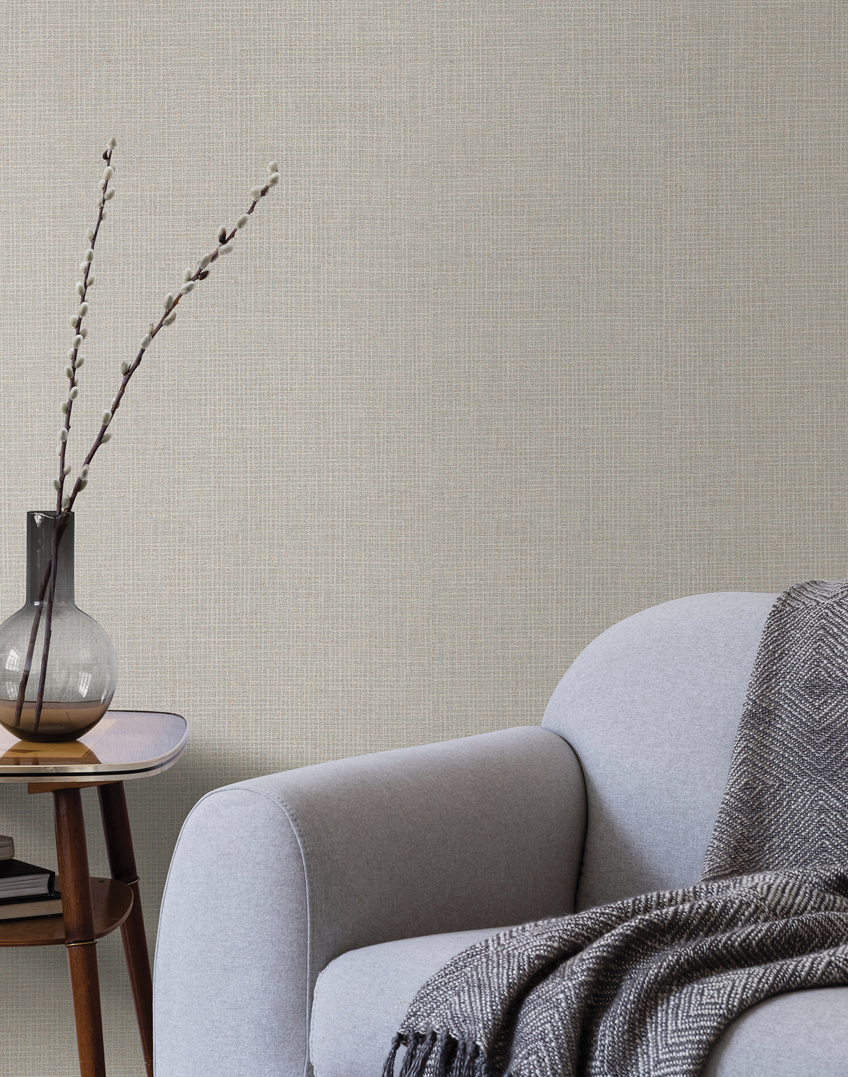 Threads Slate Faux Fabric Textured Vinyl Wallpaper with Metallic Raised Ink Detailing by Warner Stacy Garcia Dimensional Accents - YKSG2966N