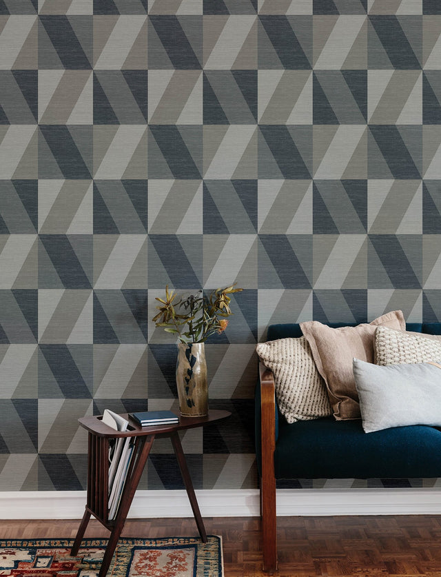 Winslow Slate Geometric Faux Grasscloth Wallpaper, Metallic Textured Geometric Style - 4141-27109